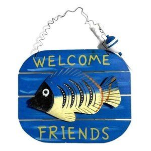 Carved Wooden Fish Welcome Friends Sign